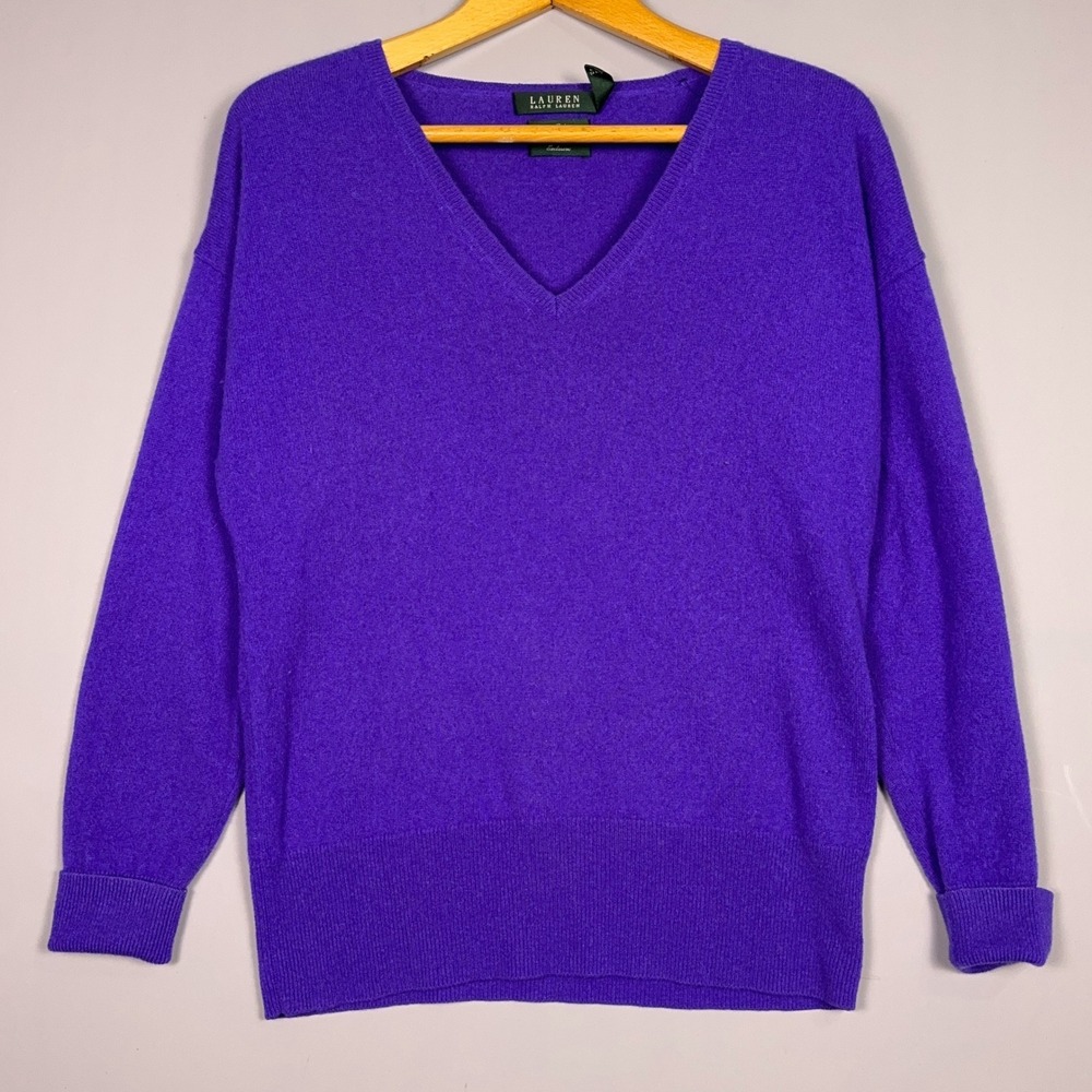 Lauren Ralph Lauren V Neck Cashmere Sweater Womens Size Large Purple